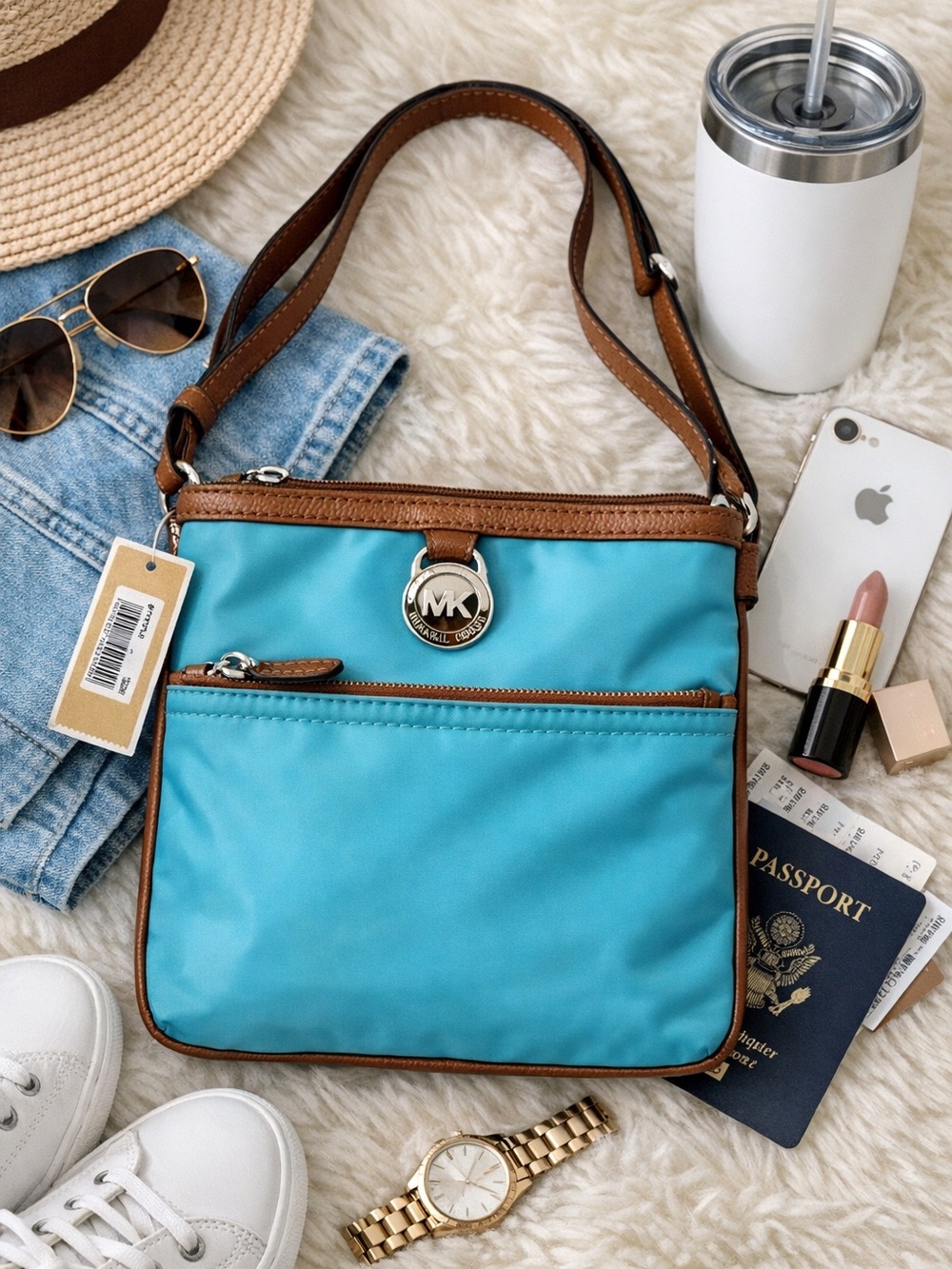NWT Michael Kors Nylon Crossbody Bag Turquoise Brown Trim Lightweight